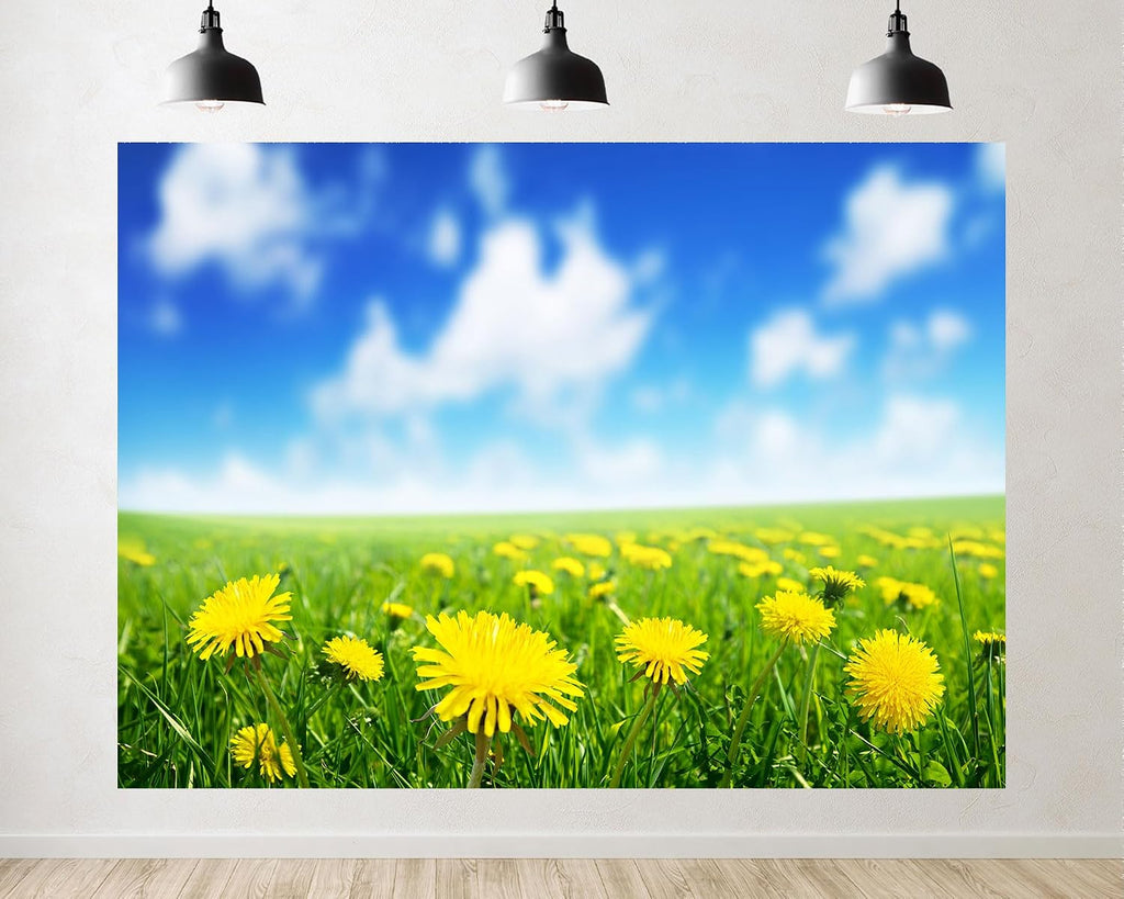 Trykid 20x10ft Dandelion Meadow Backdrop Bright Yellow Blooms Lush Green Grass Clear Blue Sky Cheerful Spring Scene Photography Background Floral Party Decoration Photo Booth Prop Fabric