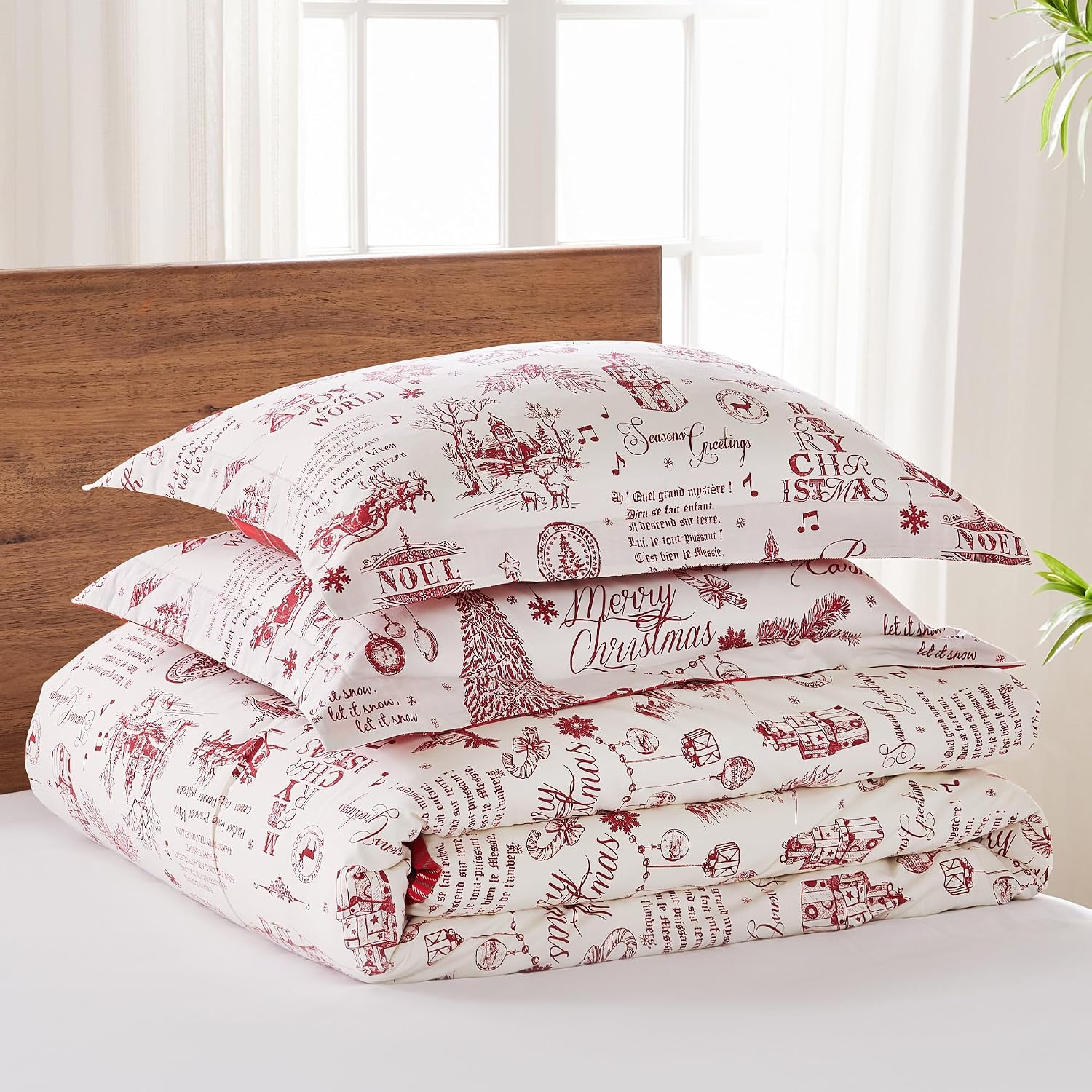 Levtex Home - Yuletide Comforter Set - Full/Queen Comforter 90x94 and Two Standard Pillow Cases 20x26 - Christmas Holiday Script - Red and Cream - Cotton