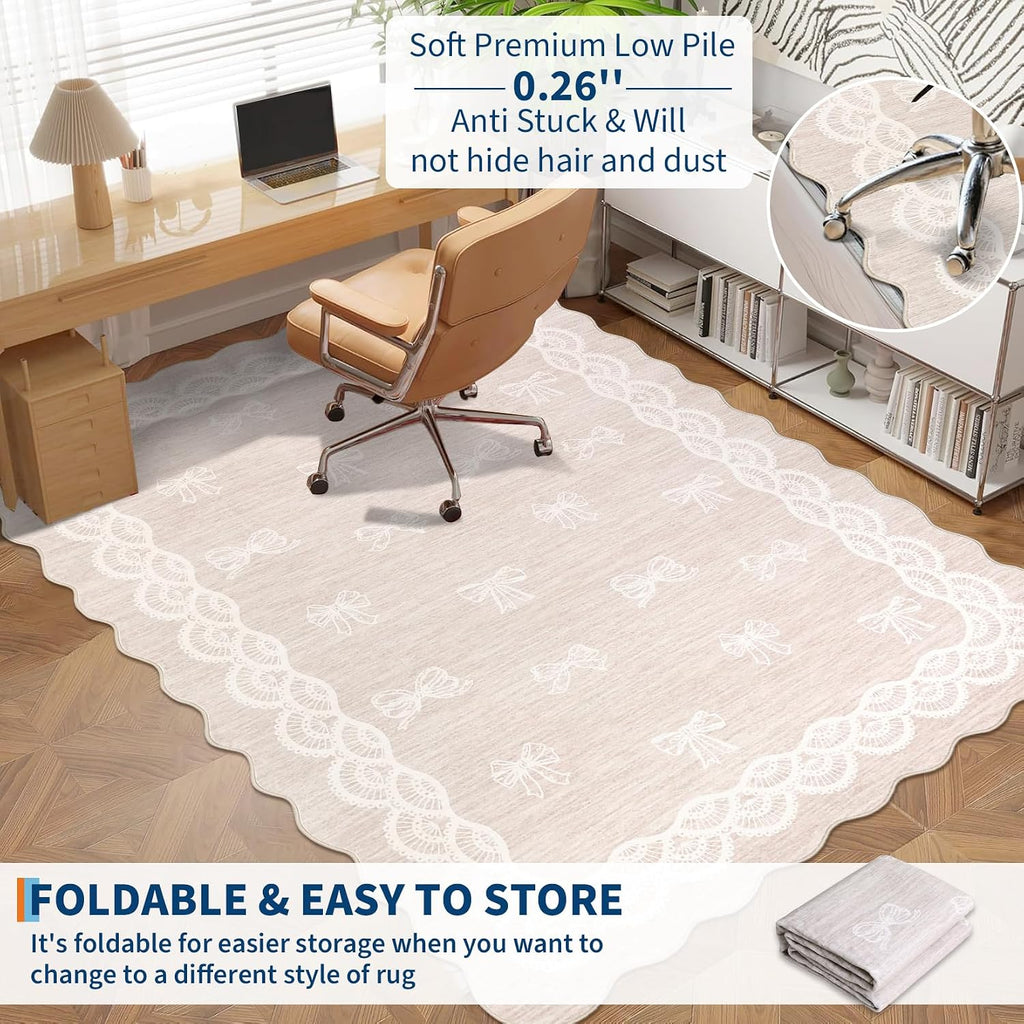 Garvee Scalloped Bow 9x12 Washable Rug for Living Room, Soft Beige Rugs Non-Slip Low Pile Rug Modern Farmhouse Lace Carpet, Stain Resistant Low Pile Floor Cover for Bedroom College Kids Room, Beige
