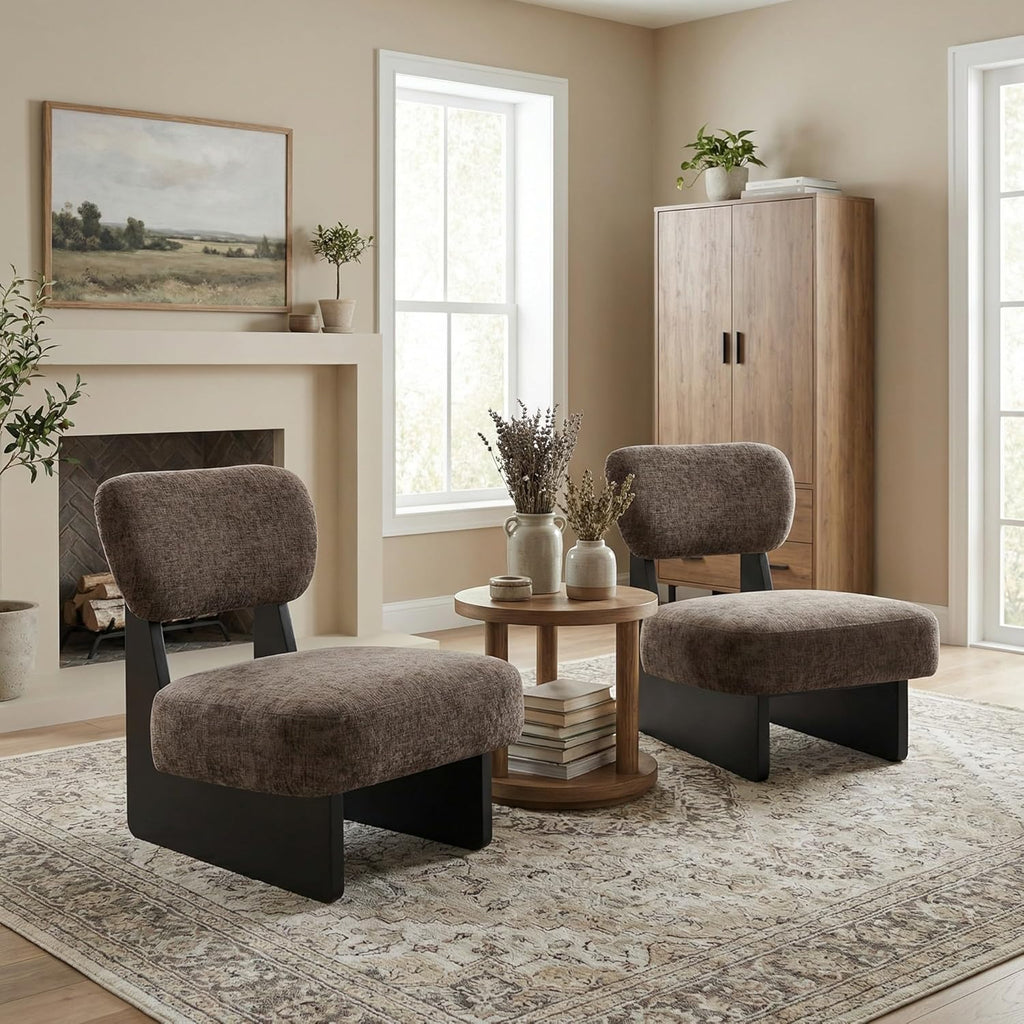 Christopher Knight Home Mores Low Profile Accent Chair Set of 2, Modern Living Room Armless Lounge Chair, Fabric Comfy Reading Chair for Bedroom, Wooden Frame and Thick Padded Seat, Black+Dark Brown