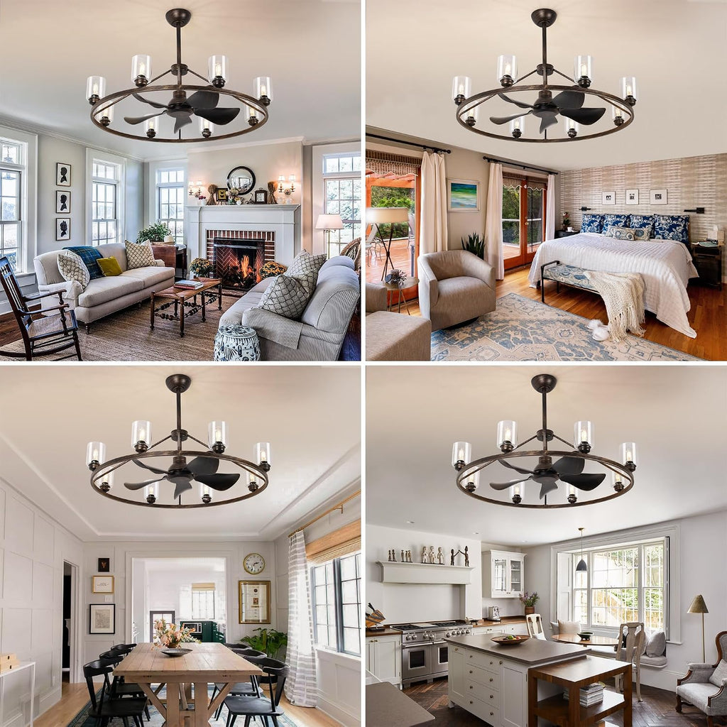 44' Large Ceiling Fans with Lights Wagon Wheel Chandelier, Farmhouse Fandelier Classical Black Fans with Glass Lampshade Light Fixture,App, 6 Speed,Timing,Adjustable Height for Dining Room Living Room
