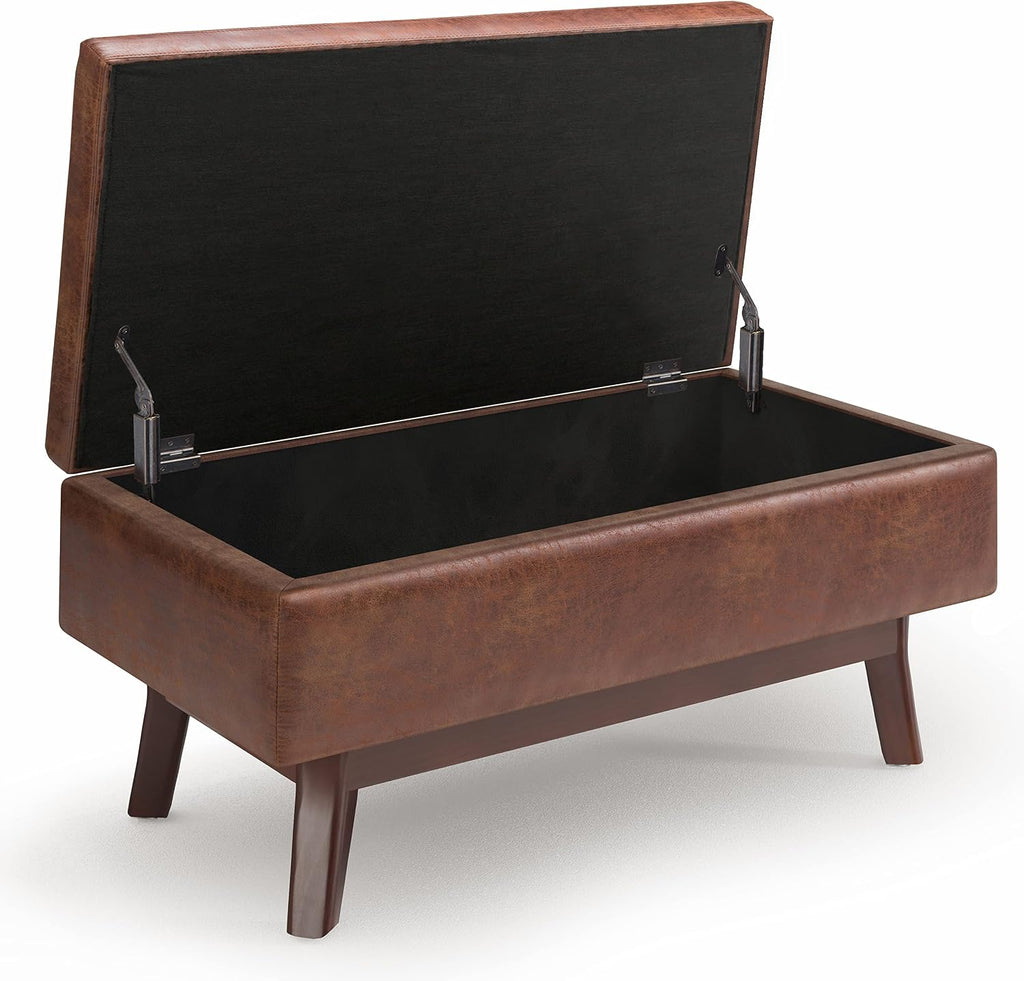 SIMPLIHOME Owen Small Rectangular Storage Ottoman - 36 inch Wide Upholstered Vegan Leather Lift-Top Ottoman in Distressed Saddle Brown, Mid-Century Modern Ottoman for Living Room with Tufted Detail