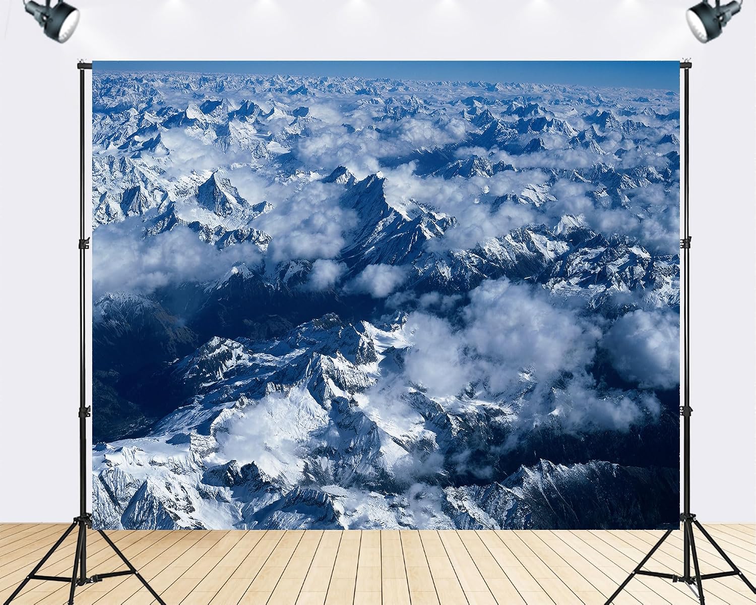 Trykid 20x10ft Aerial Snow Covered Mountains Backdrop Fluffy Clouds Rugged Peaks Expansive Landscape Clear Horizon Photography Background Adventure Event Decoration Photo Booth Prop Fabric