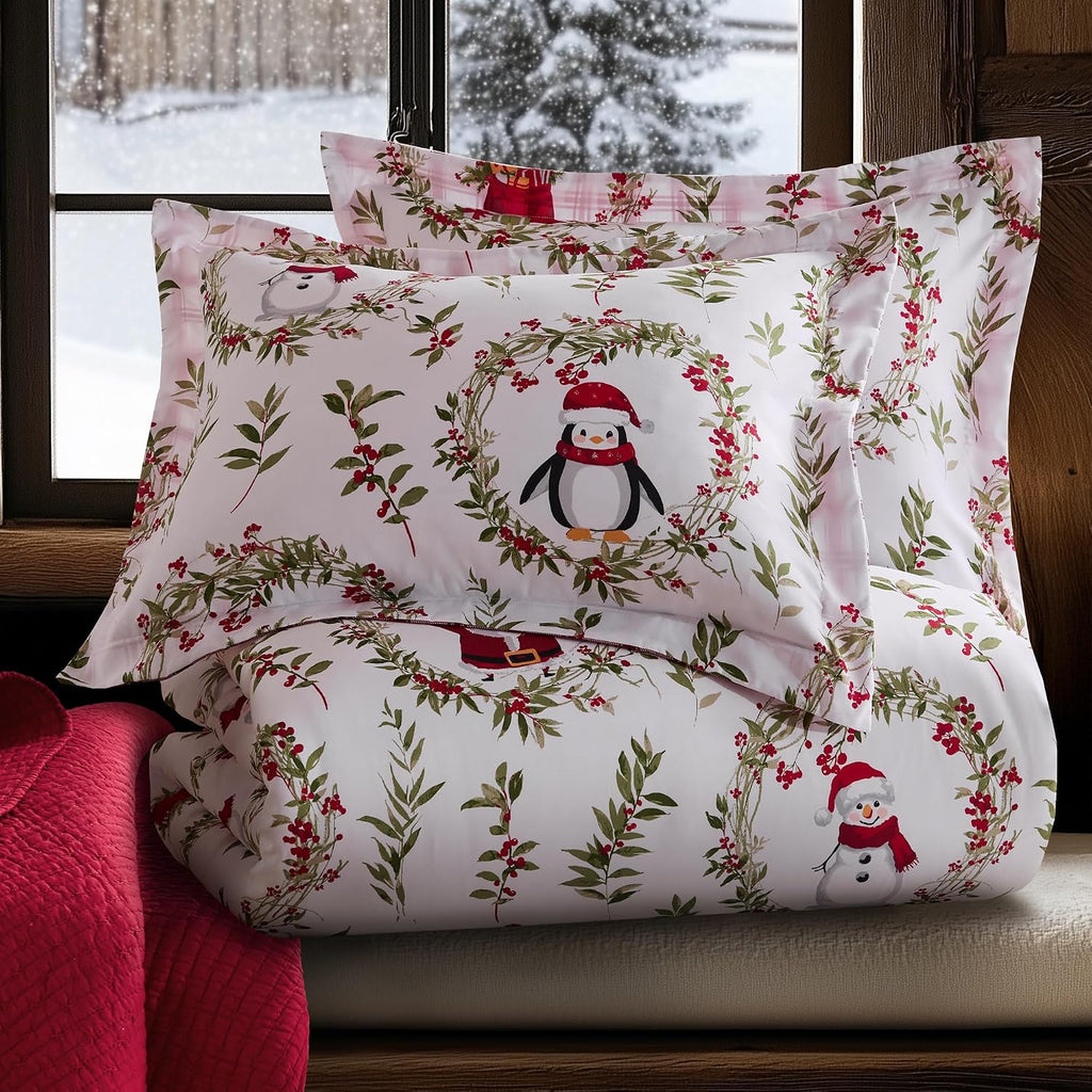 Levtex Home - Pine & Plaid Comforter Set - Full/Queen Comforter (90x94in.) + Two Shams (20x26in.) - Holiday Wreaths - White Red Green - Reversible - Polyester