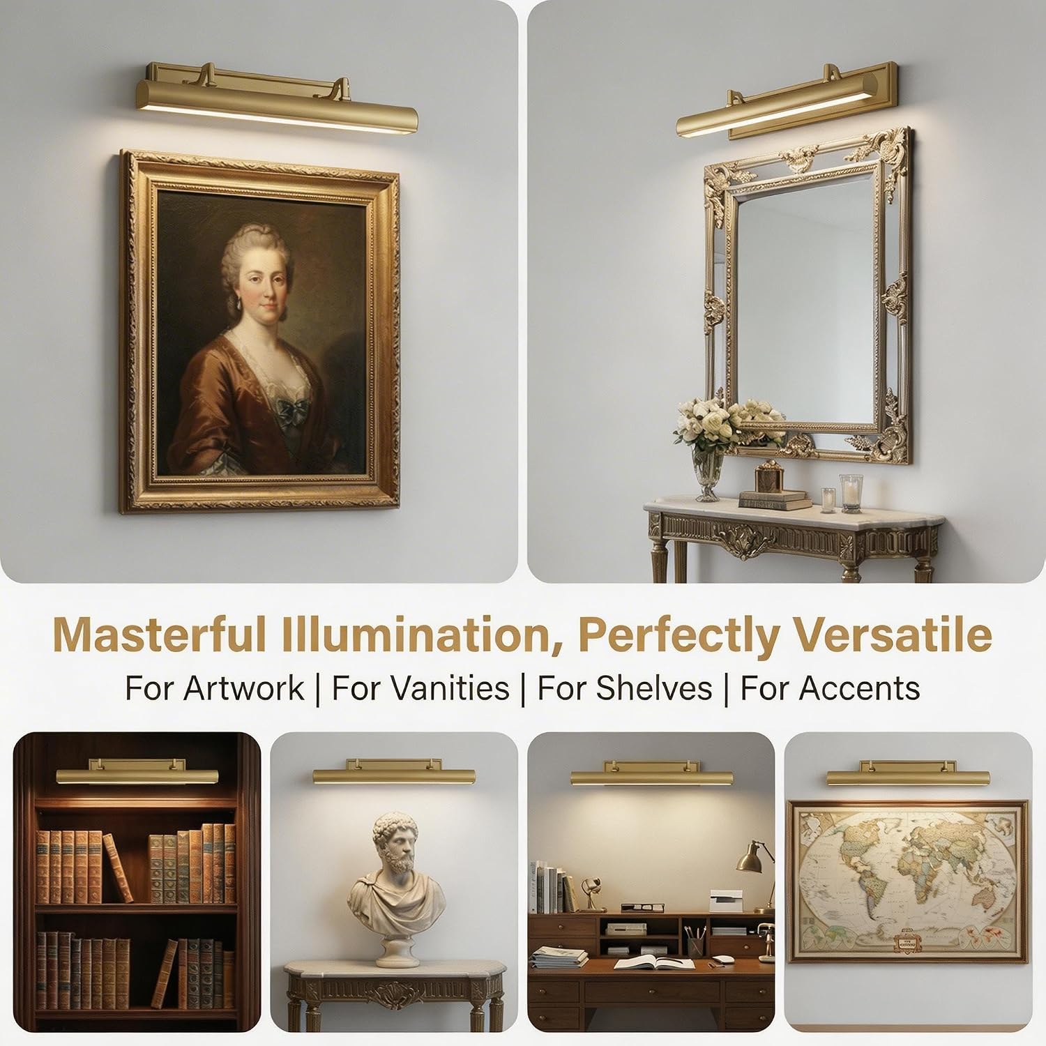 18in Brass Picture Light, 270° Rotatable Gold Wall Sconce Hardwired, 3-Light Vanity Wall Light Over Mirror, Dimmable Picture Art Light for Living Room, Bedroom & Bathroom