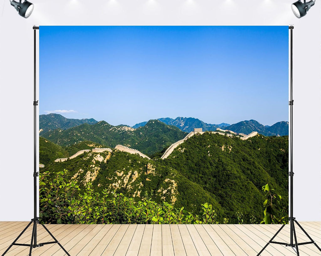 Trykid 20x10ft Great Wall Green Mountains Blue Sky Backdrop Epic Fortification Lush Landscape Clear Sky Photography Background Travel Cultural Events Party Decoration Photo Booth Prop Fabric