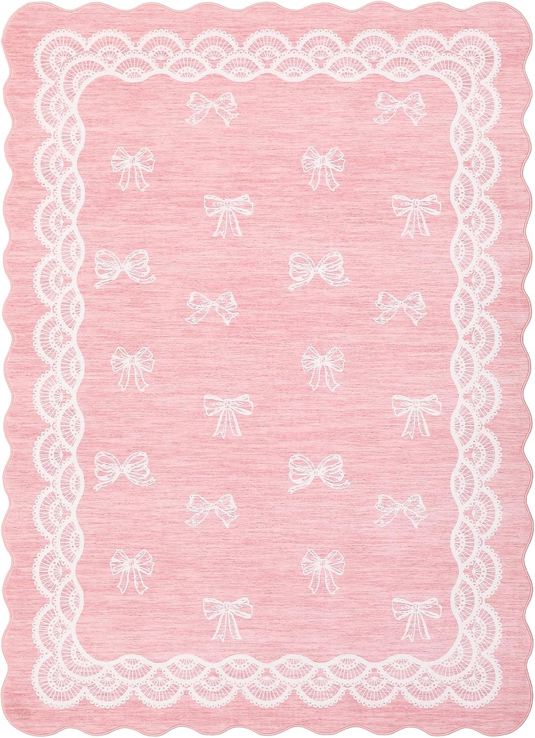 Garvee Scalloped Bow 9x12 Washable Rug for Living Room, Soft Pink Rugs Non-Slip Low Pile Rug Modern Farmhouse Lace Carpet, Stain Resistant Low Pile Floor Cover for Bedroom College Kids Room, Pink