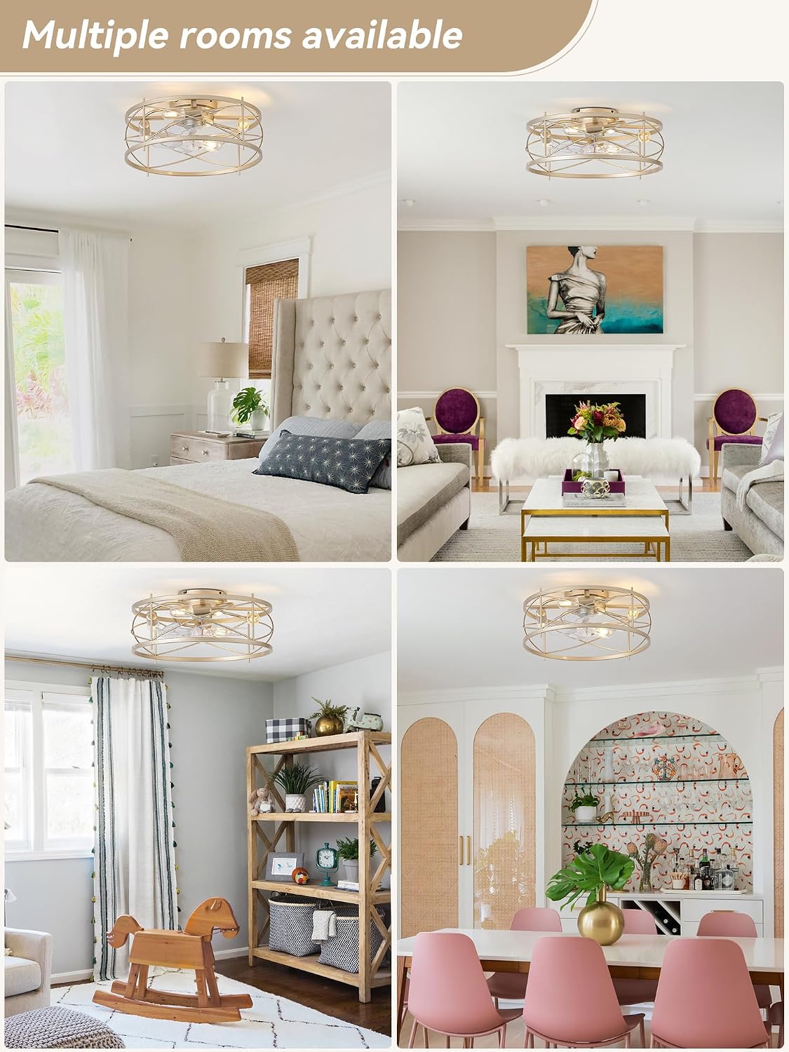 20' Gold Flush Mount Ceiling Fans with Lights, Gold Caged Ceiling Fans with Light and Remote, Bladeless Ceiling Fan with 6 Speeds for Bedroom, Living Room, Nursery