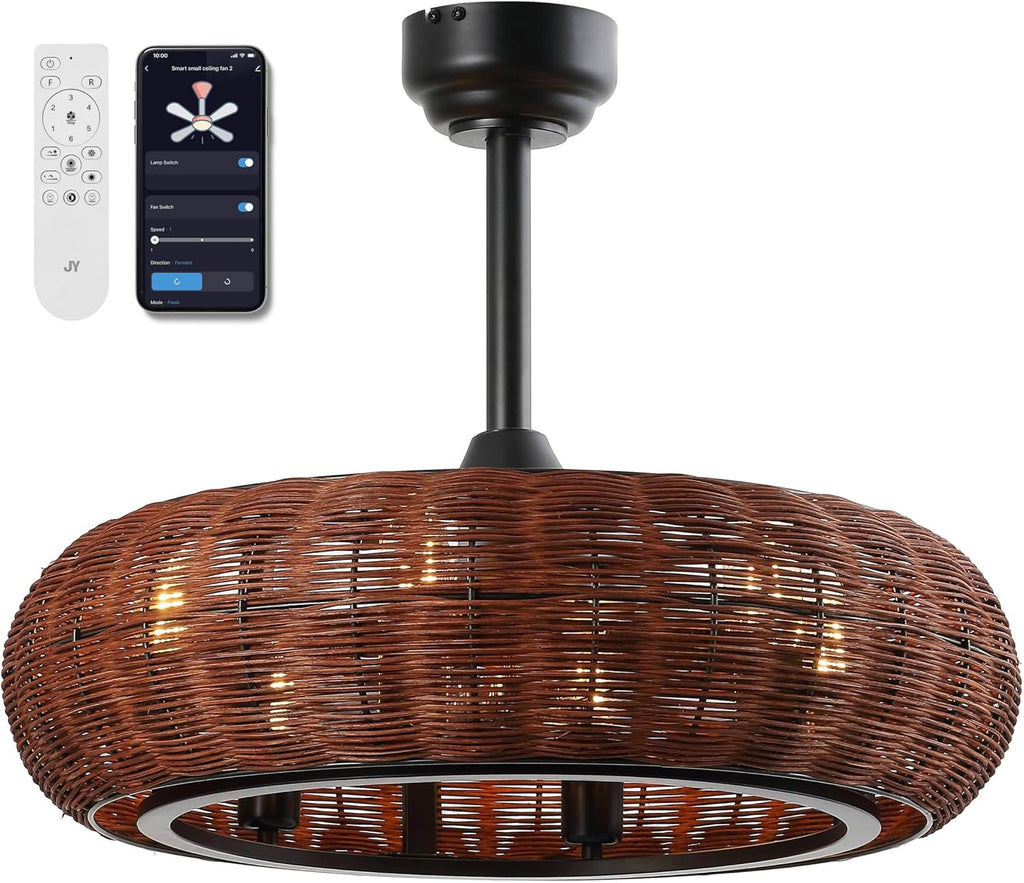 JONATHAN Y 23' Black 6-Light Modern Bohemian Ceiling Fan with Lights, 6-Speed Remote and App Control, Height Adjustable LED Lantern with Dark Brown Rattan Shade for Living Room JYL9728A