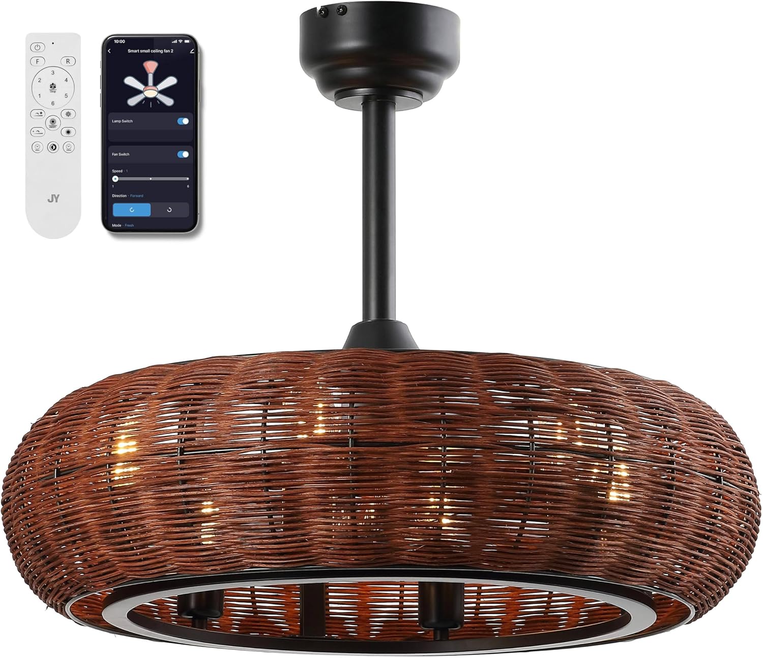 JONATHAN Y 23' Black 6-Light Modern Bohemian Ceiling Fan with Lights, 6-Speed Remote and App Control, Height Adjustable LED Lantern with Dark Brown Rattan Shade for Living Room JYL9728A