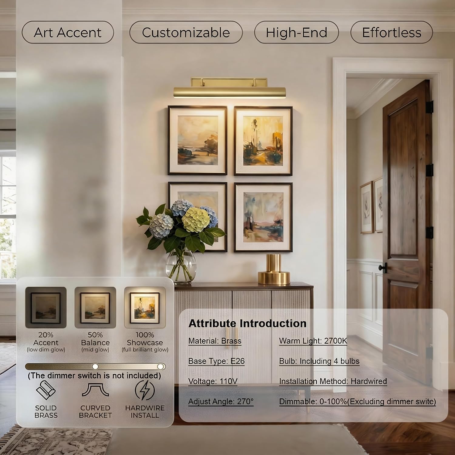 24' Brass Picture Light, 4-Light Gold Hardwired Picture Lights, 270° Rotatable Wall Sconce Lamp for Frame, Linear Art Light for Wall Painting Display Artwork Portrait Library Bulbs Included