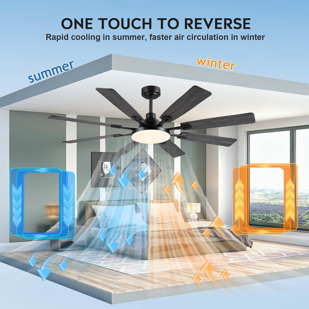 JSAITEE 60In Ceiling Fans with Lights - Black Low Profile Fan Light with 8 Blades, 6 Wind Speeds Reversible, Dimmable, Modern Light Fixture for Indoor Living Room, Kitchen, Coverd Patios