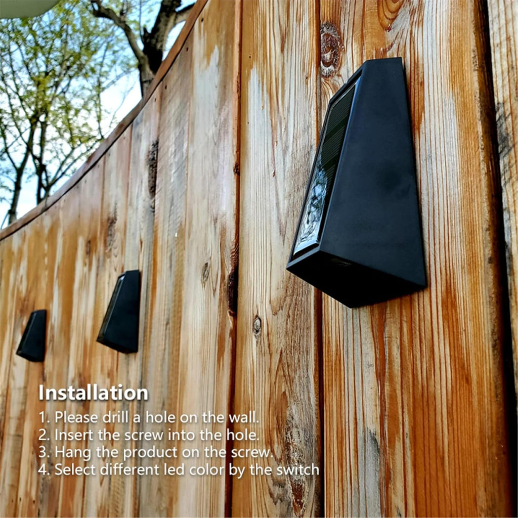 Solar Wall Lights, 2 Pcs Up and Down Waterproof Solar Fence Lights with 7 Color Changing/Warm and White Exterior Garden Wall Sconce