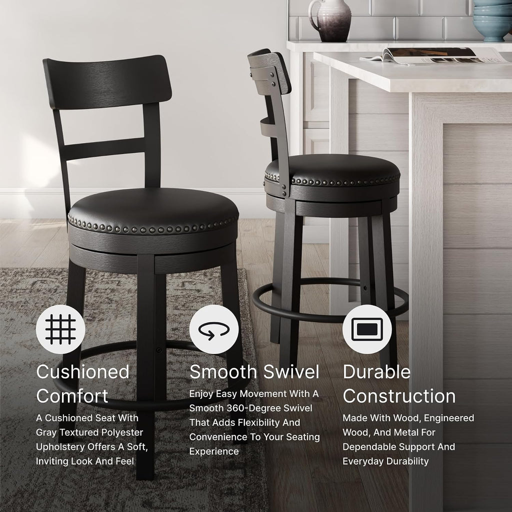 Signature Design by Ashley Valebeck Faux Leather Upholstered Swivel Barstool, Nailhead Trim, Solid Wood, 16.75' W x 19.75' D x 37.25' H, Antique Black
