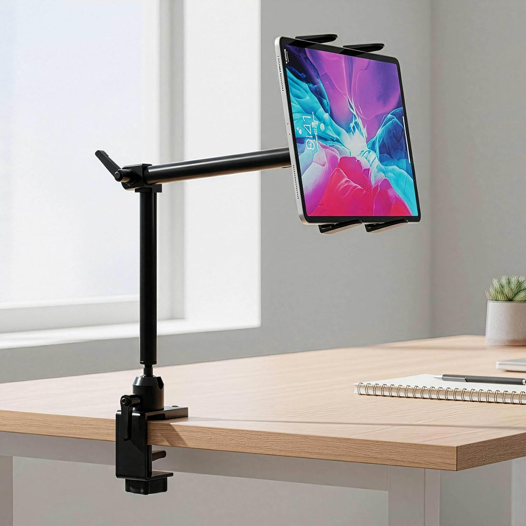 ARKON Mounts Heavy-Duty Tablet Mount with Clamp | Universal Tablet Holder | Strong C-Clamp | Multi-Angle Arm | Compatible with iPad Pro, Mini, Surface Pro, Samsung Tablets, and more