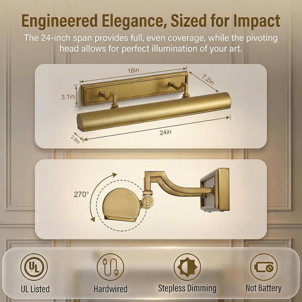 24' Brass Picture Light, 4-Light Gold Hardwired Picture Lights, 270° Rotatable Wall Sconce Lamp for Frame, Linear Art Light for Wall Painting Display Artwork Portrait Library Bulbs Included