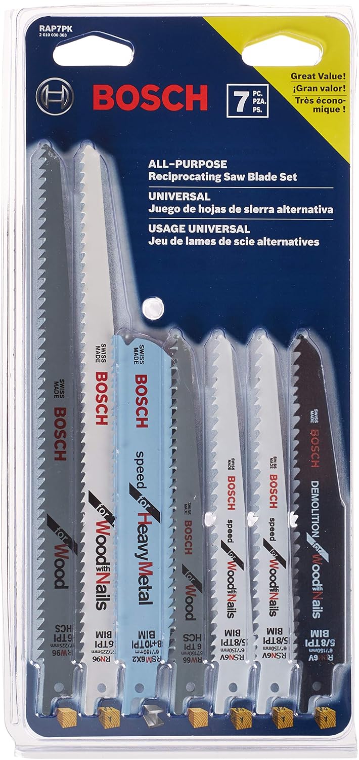 BOSCH GSA18V-083B 18 V Compact Reciprocating Saw Bare Tool with BOSCH RAP7PK 7-Piece Reciprocating Saw Blade Set
