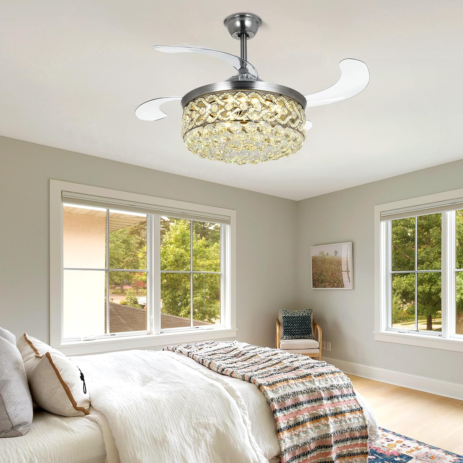 BIGBANBAN 42' Crystal Chandelier Fan with Light Remote Control, Silver Retractable Ceiling Fan 3 Colors LED Light 3 Speeds Modern Smart Fandelier for Dinning Room Bedroom