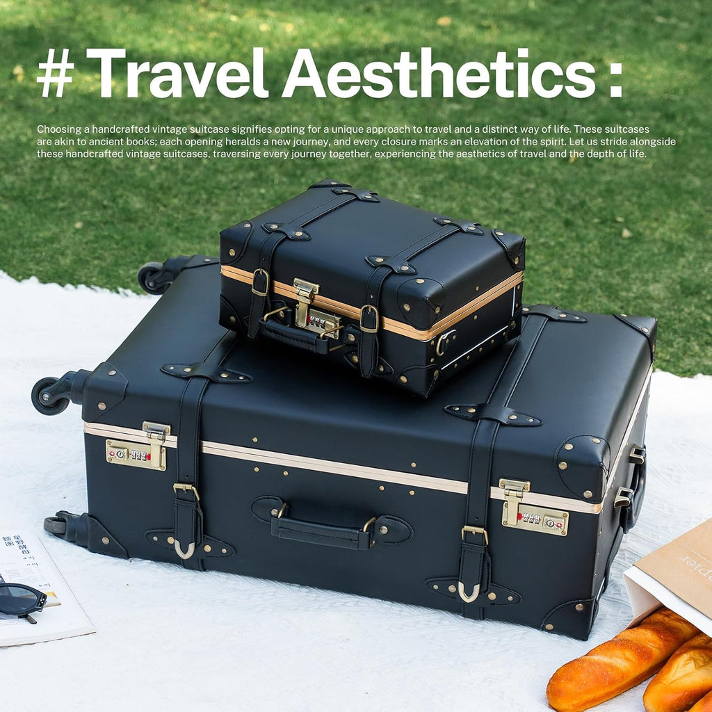 urecity Designer Vintage Trunk Combination Luggage Sets of 2 Piece, Hard Shell Retro Travel Suitcase with Wheels (Black, 20'+12')