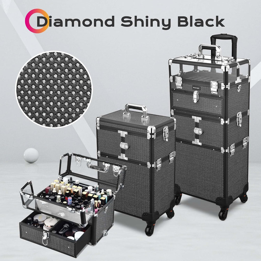 BYOOTIQUE 2in1 Nail Polish Organizer Rolling Makeup Train Case Manicure Cosmetic Trolley Travel Organizer Nail Case with Clear Lid Extendable Trays 4 removable wheels 54 Slots (Black)