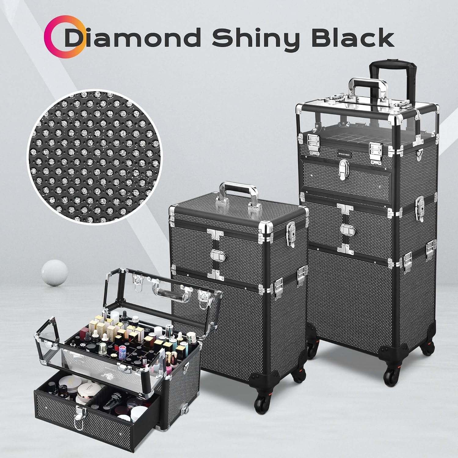 BYOOTIQUE 2in1 Nail Polish Organizer Rolling Makeup Train Case Manicure Cosmetic Trolley Travel Organizer Nail Case with Clear Lid Extendable Trays 4 removable wheels 54 Slots (Black)