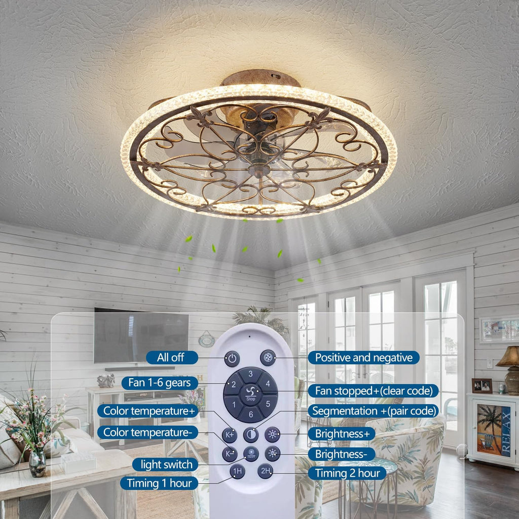 Rustic Caged Ceiling Fan with Lights Remote Control, Retro Industrial Ceiling Fan with Light for Kitchen Bedroom Living Room