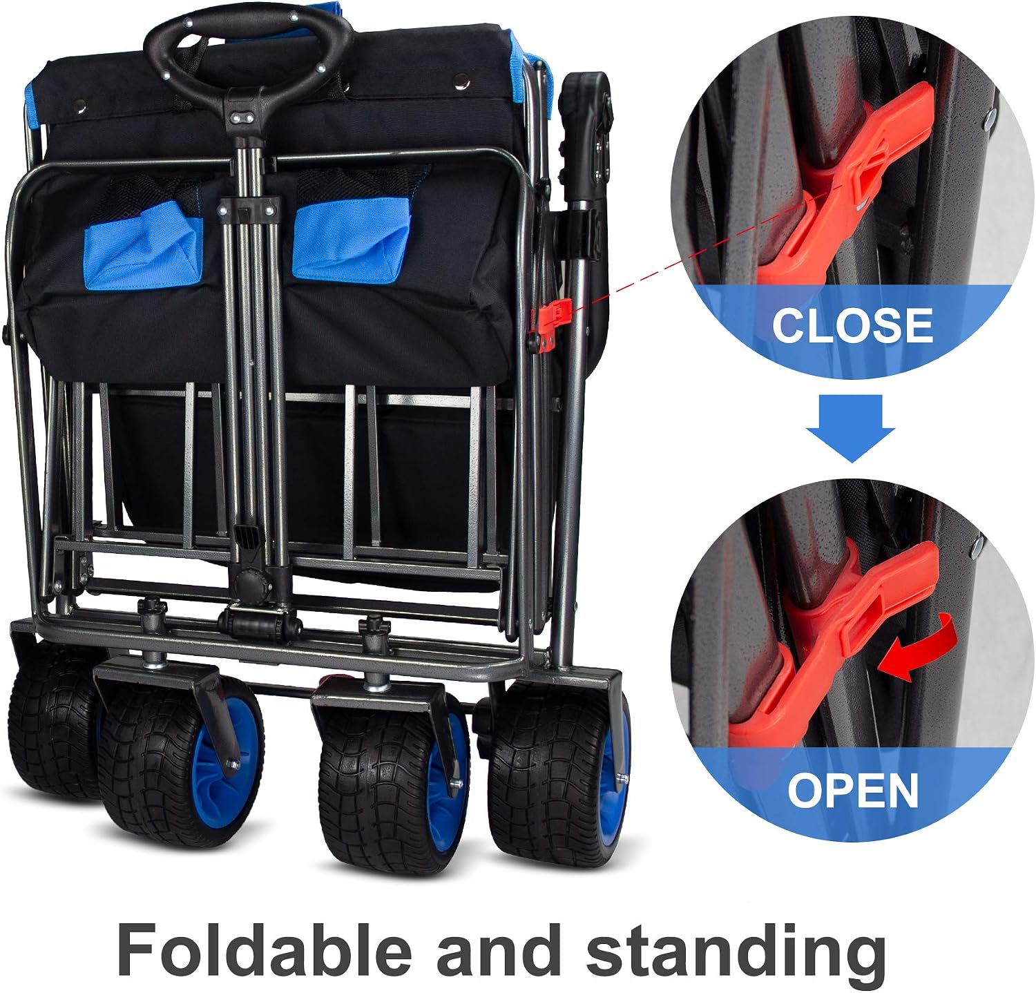 Folding Utility Wagon Heavy-Duty Collapsible Garden Cart with Brakes & Adjustable Handle & All Terrain Wheels for Gardening, Beach Trips,Outdoor Camping, Shopping (Black Blue)
