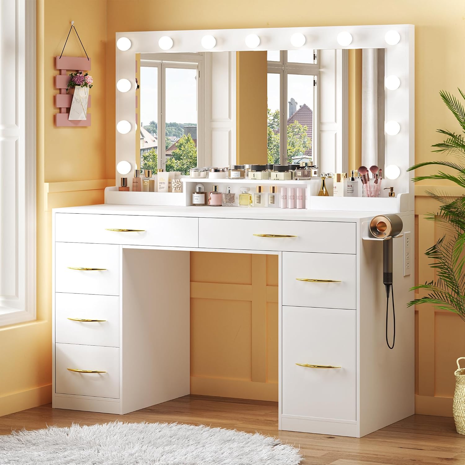 ALEXNUTRE Vanity Desk with Mirror and Lights, Makeup Vanity with Outlets & Large Mirror & 6 Drawers,White Vanity with 3-Color Adjustable Lighting, Makeup Vanity for Bedroom