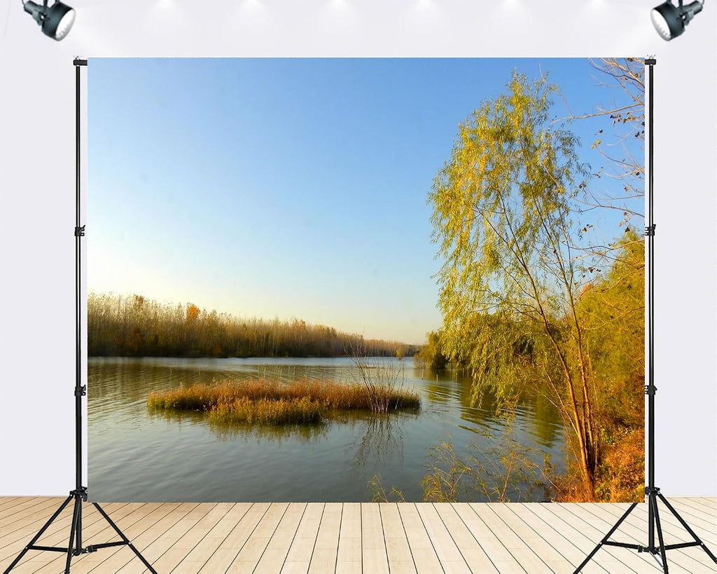 Trykid 20x10ft Autumn Lake Willow Tree Backdrop Reed Covered Island Golden Foliage Clear Blue Sky Photography Background Fall Festival Wedding Party Decoration Photo Booth Prop Fabric