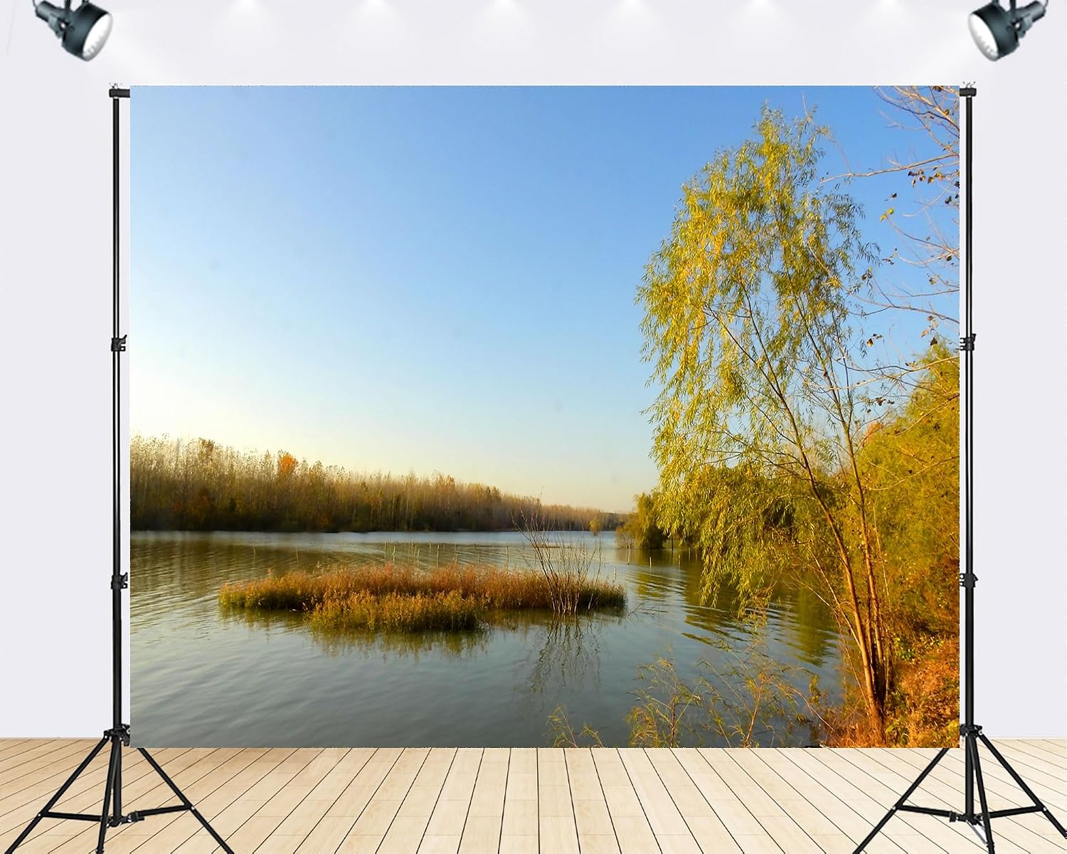 Trykid 20x10ft Autumn Lake Willow Tree Backdrop Reed Covered Island Golden Foliage Clear Blue Sky Photography Background Fall Festival Wedding Party Decoration Photo Booth Prop Fabric