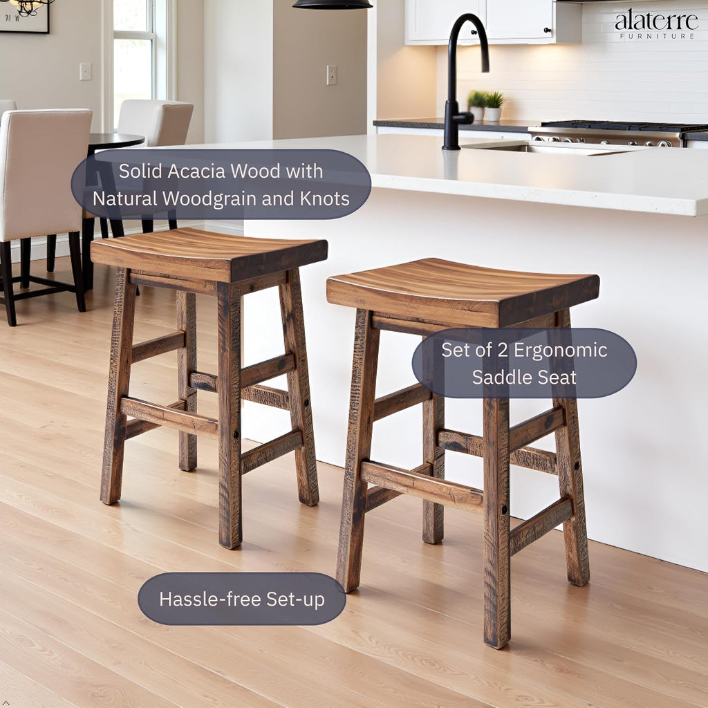 Alaterre Furniture Durango 26-Inch Industrial Wood Counter-Height Stools – Set of 2 Rustic Saddle Seat Bar Stools - Vintage Style with Light or Dark Lacquer Finish for Kitchen Island or Home Bar