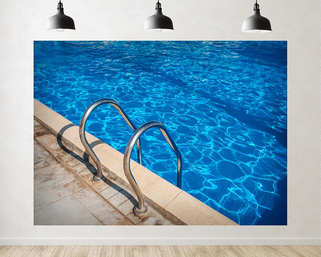 Trykid 20x10ft Swimming Pool Ladder Backdrop Clear Blue Water Stainless Steel Rails Beige Tiles Photography Background Summer Pool Party Birthday Decoration Photo Booth Prop Fabric
