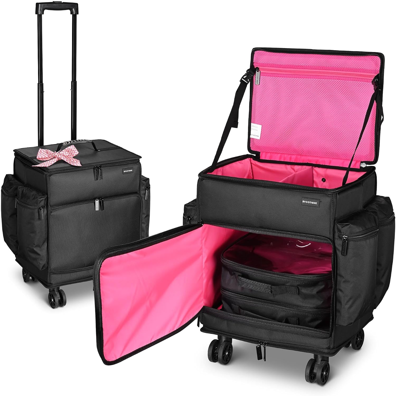 BYOOTIQUE Rolling Makeup Train Case Soft Sided Nylon Fabric Travel Cosmetic Organizer Storage Makeup Trolley Suitcase for Makeup Artist, Pink