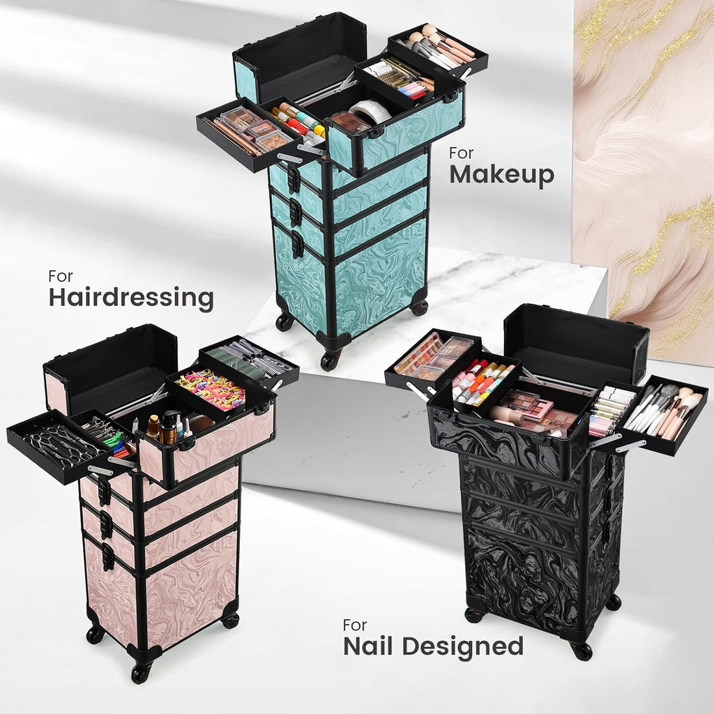 Stagiant Rolling Makeup Case 4 in 1 Cosmetology Case on Wheels Makeup Travel Case with Cosmetic Bag Key Swivel Wheels Salon Barber Case Traveling Cart Trunk Cosmetic Trolley Alpine Pink