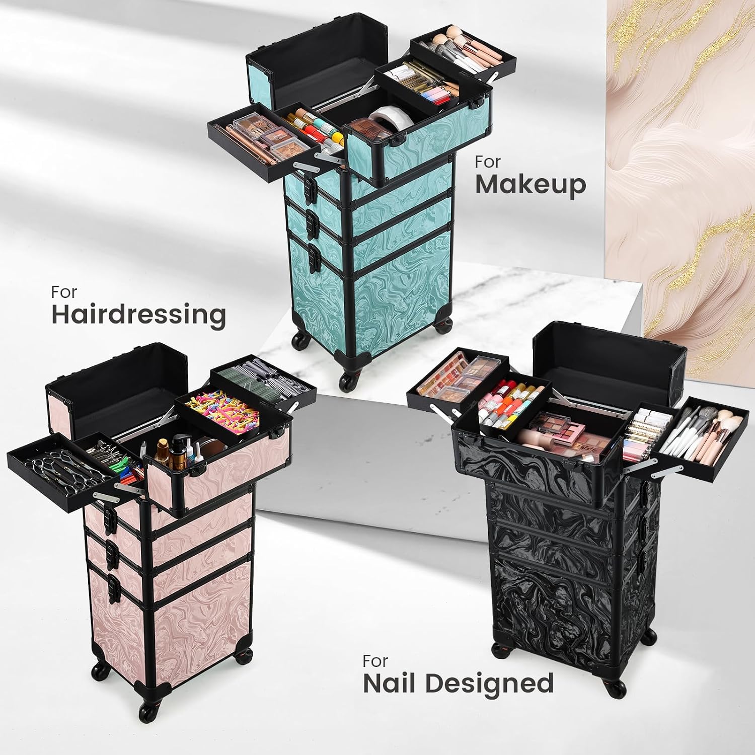 Stagiant Rolling Makeup Case 4 in 1 Cosmetology Case on Wheels Makeup Travel Case with Cosmetic Bag Key Swivel Wheels Salon Barber Case Traveling Cart Trunk Cosmetic Trolley Alpine Pink
