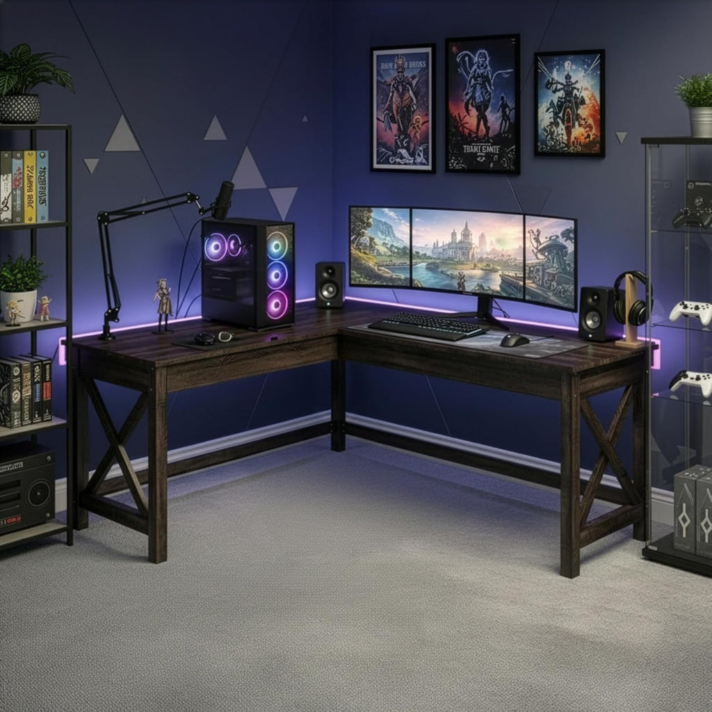 Lavish Home 59' L-Shaped Desk – Corner Computer Desk for Home Office, Space-Saving Workstation with X-Frame Legs, Writing or Craft Desk for Small Spaces (Dark Gray)