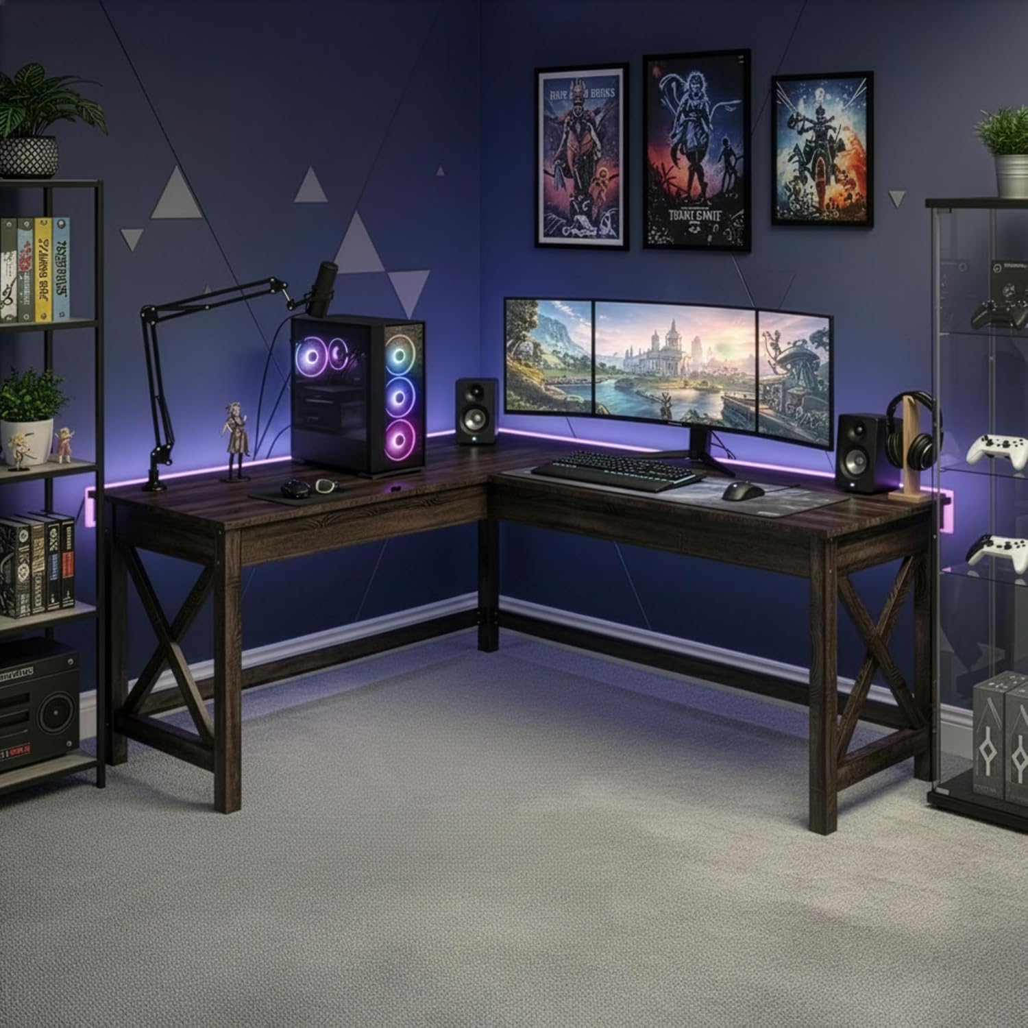 Lavish Home 59' L-Shaped Desk – Corner Computer Desk for Home Office, Space-Saving Workstation with X-Frame Legs, Writing or Craft Desk for Small Spaces (Dark Gray)
