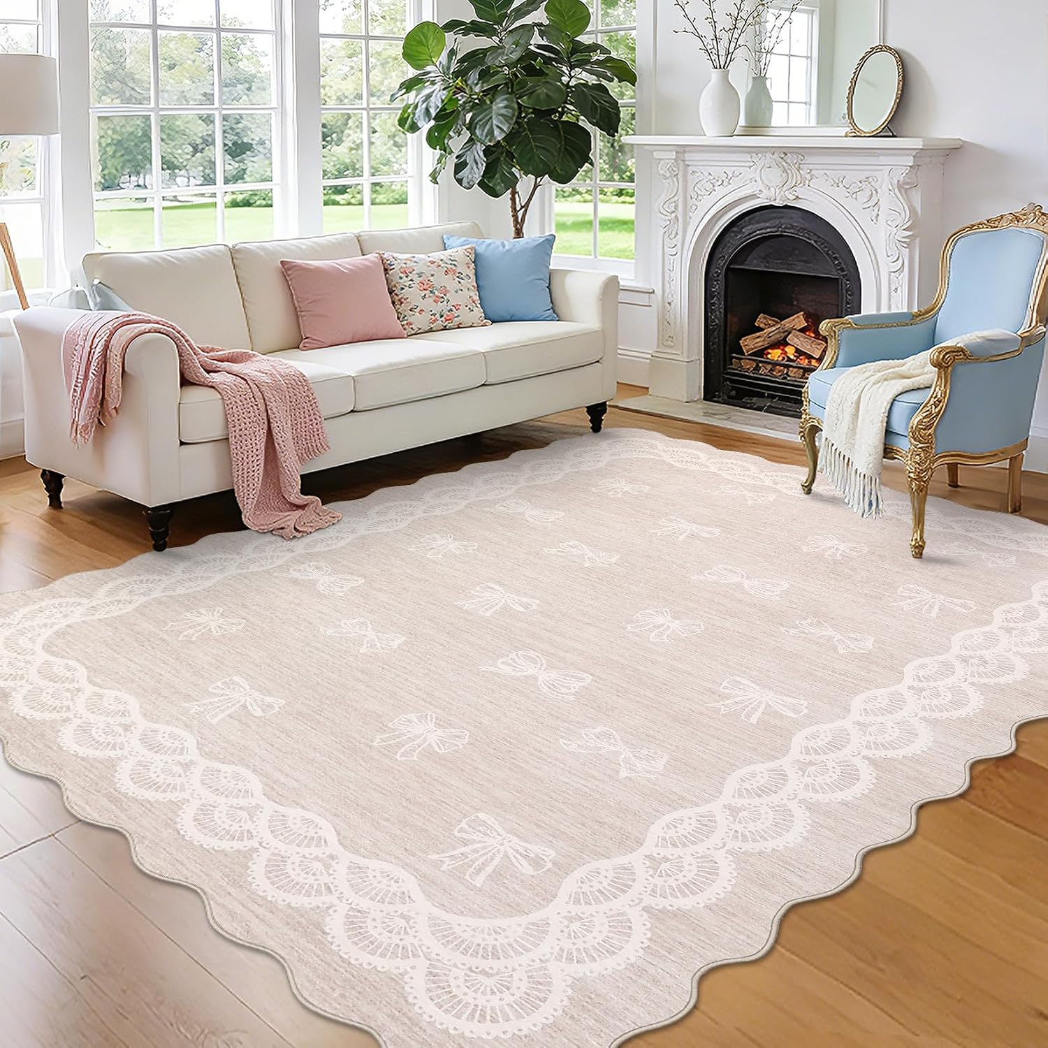 Garvee Scalloped Bow 9x12 Washable Rug for Living Room, Soft Beige Rugs Non-Slip Low Pile Rug Modern Farmhouse Lace Carpet, Stain Resistant Low Pile Floor Cover for Bedroom College Kids Room, Beige