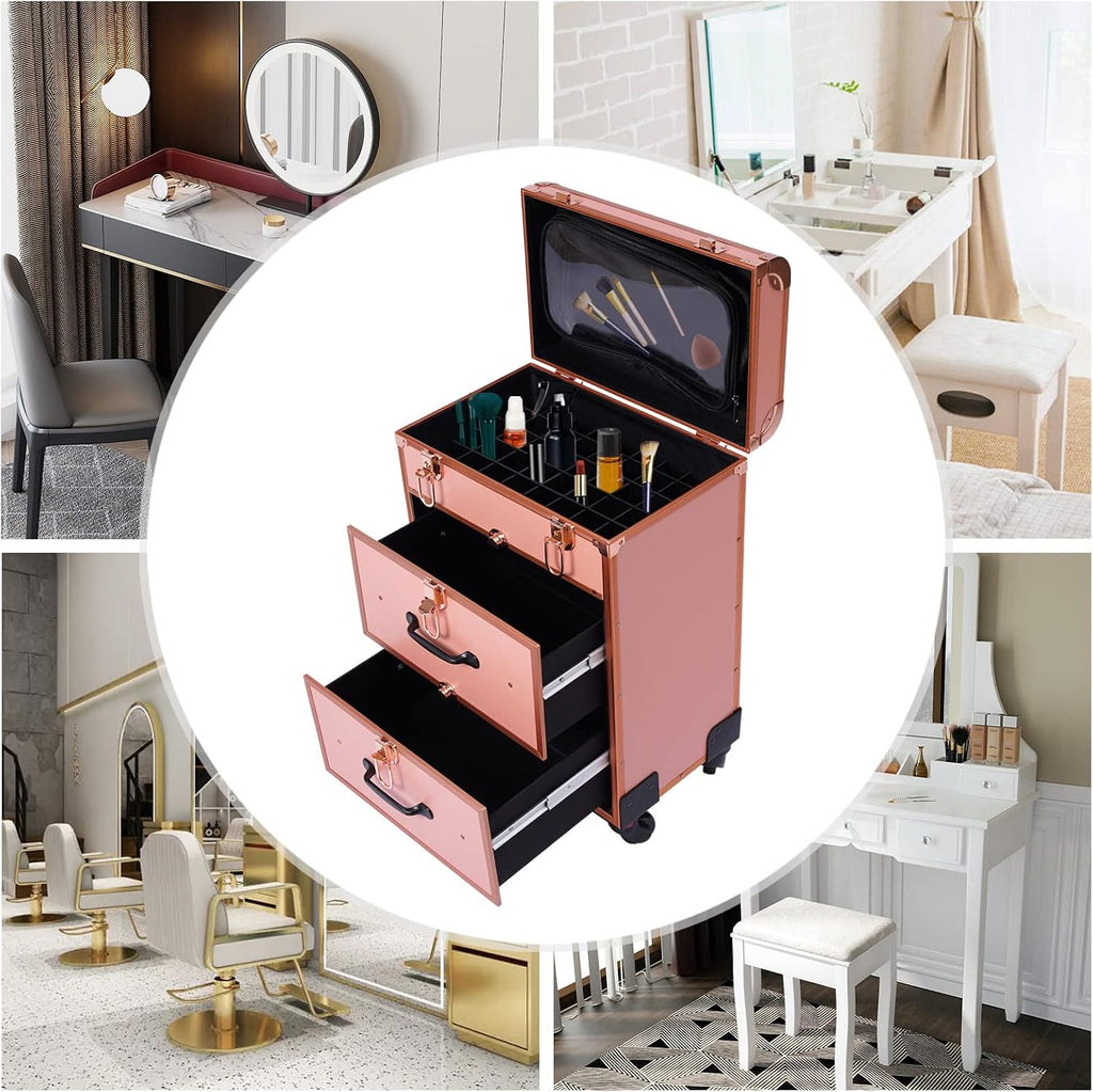 Professional Rolling Makeup Case Train Case Cosmetic Organizer Trolley Lockable Rolling Make-ups Case Storage Cart Makeup Train Case Cosmetology Case On Wheels (Gold|3 trays|Type B)