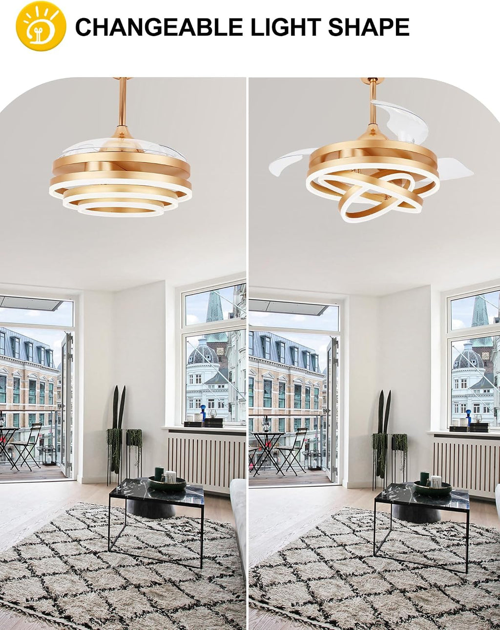Dawn Whisper 42 Inch Retractable Ceiling Fans Modern Gold Chandelier Ceiling Fans with Lights for Bedroom Living Room Quite DC Motor 6 Speeds 3 Color Dimmable LED Light