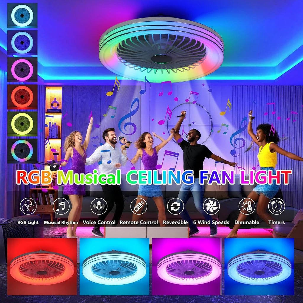 24' Low Profile Bladeless Ceiling Fans with Light, Enclosed Flush Mount Ceiling Fan with RGB Lights, Dimmable Color Changing LED Ambient Light, Smart Remote/APP/Voice Control