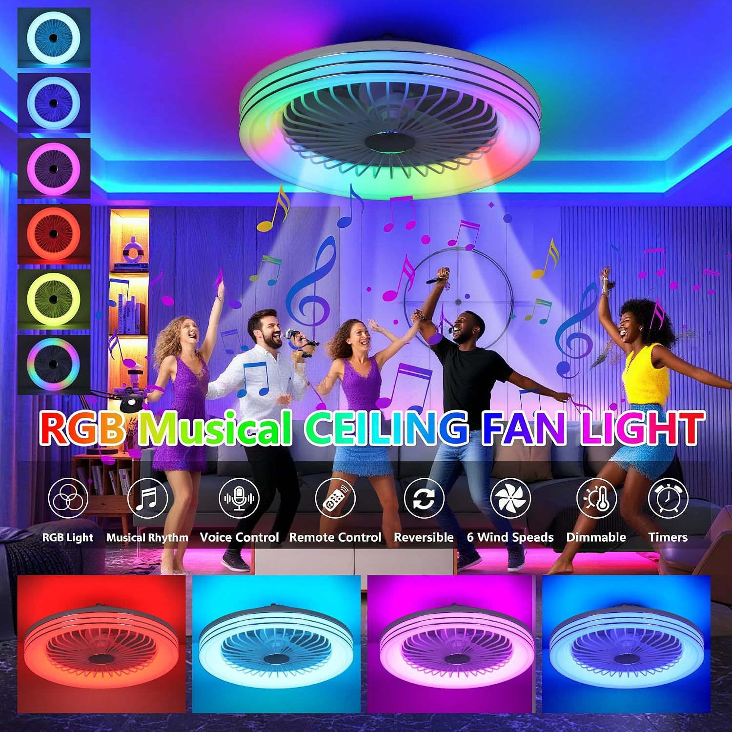 24' Low Profile Bladeless Ceiling Fans with Light, Enclosed Flush Mount Ceiling Fan with RGB Lights, Dimmable Color Changing LED Ambient Light, Smart Remote/APP/Voice Control
