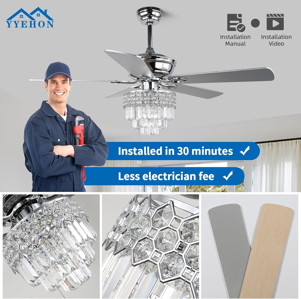 YYEHON 52″ Crystal Ceiling Fan with Lights and Remote Control, Modern Chandelier Fan with Dual Finish Reversible Blades, Quiet Indoor Fanderlier for Living Room, Dining Room, Bedroom. (Chrome)