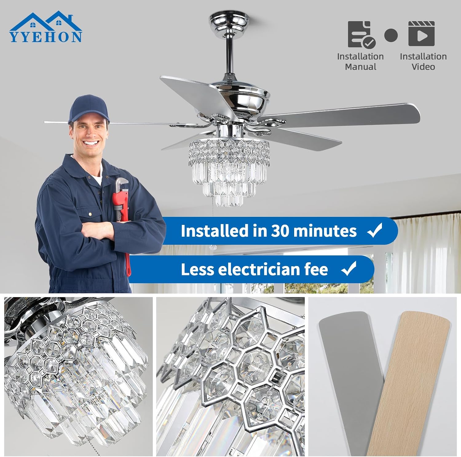 YYEHON 52″ Crystal Ceiling Fan with Lights and Remote Control, Modern Chandelier Fan with Dual Finish Reversible Blades, Quiet Indoor Fanderlier for Living Room, Dining Room, Bedroom. (Chrome)