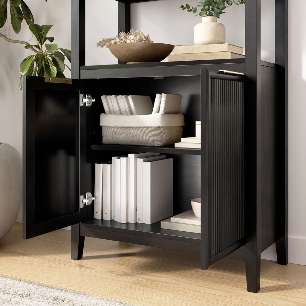 Bush Home Fluted 5 Shelf Bookcase with Doors - Set of 2, Living Room Furniture, Camille Collection, Onyx Birch Black