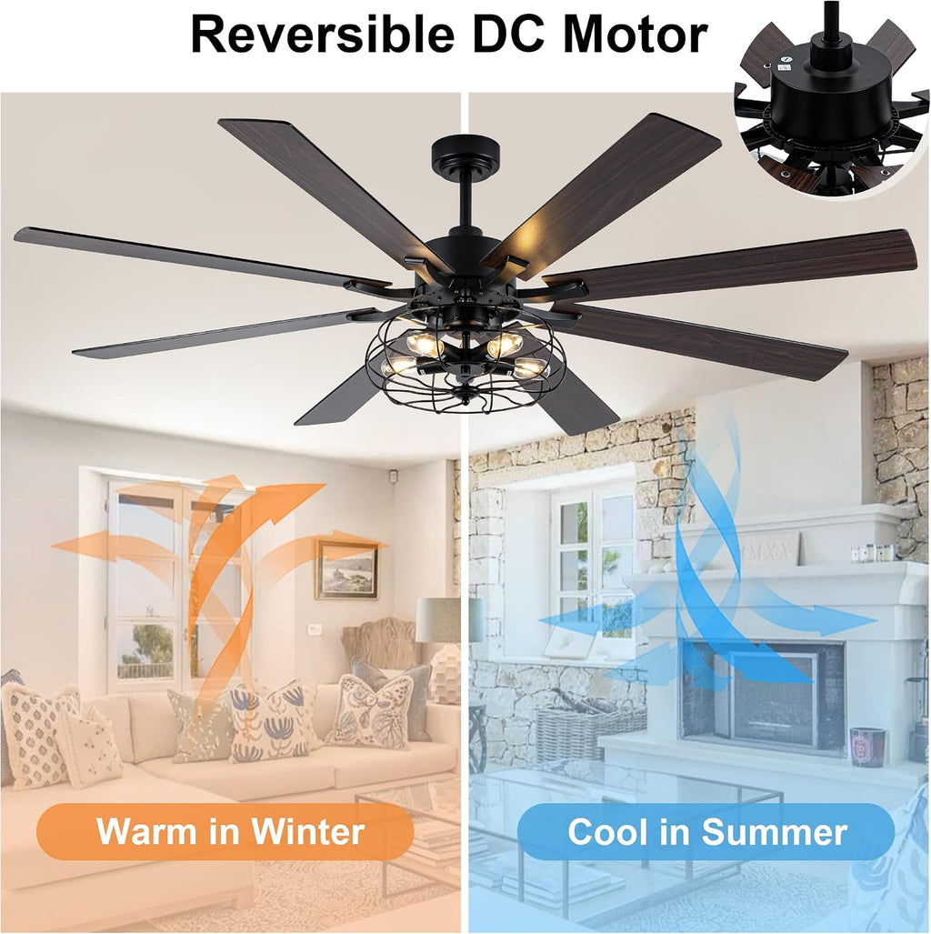 72 Inch Farmhouse Ceiling Fan with Lights and Remote Industrial Caged Ceiling Fan Large Rustic Fandelier Chandelier Light for Indoor Outdoor, 5 E26 Bulbs (Not Included), Reversible 6 Speeds