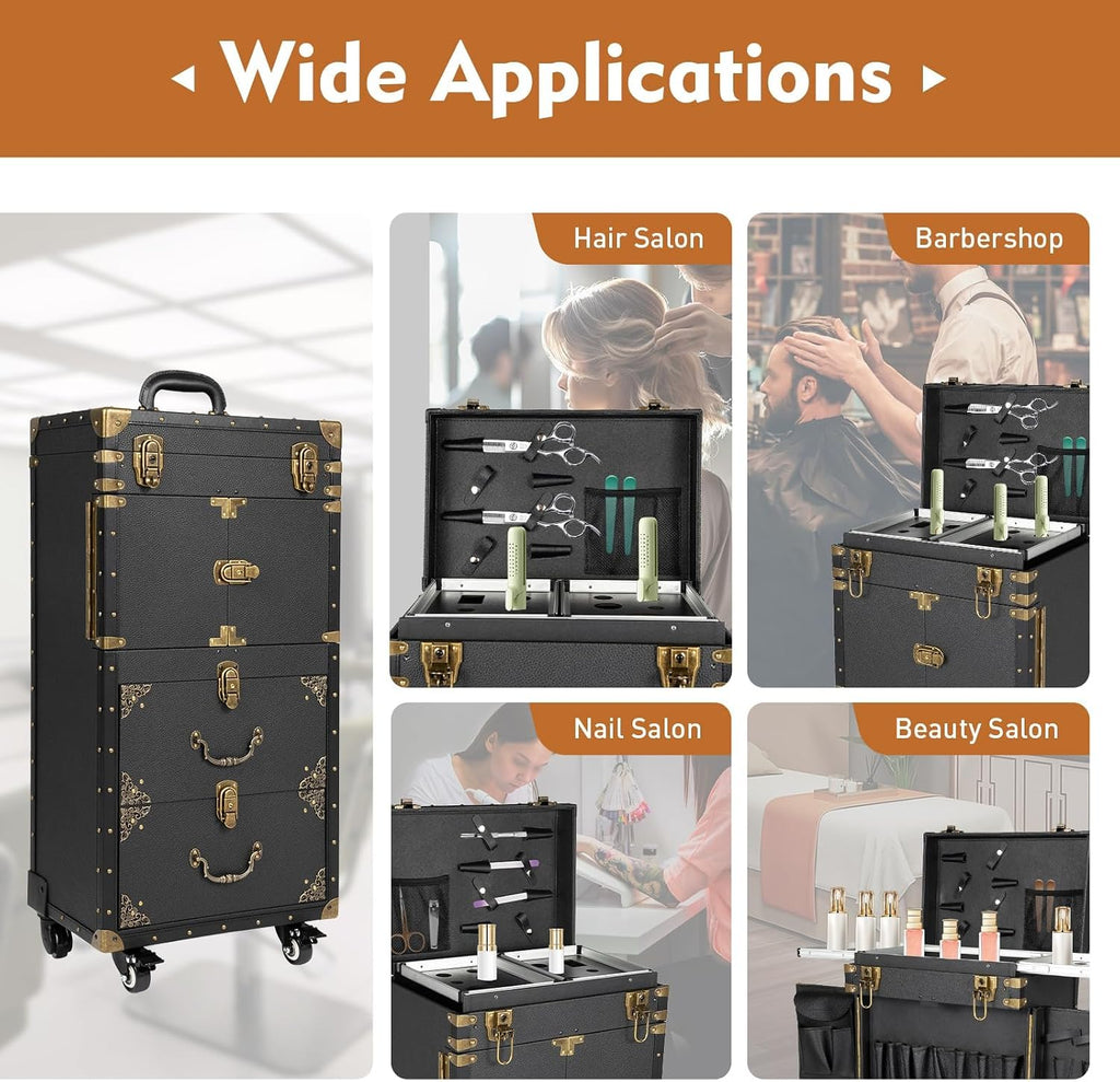 Salon Cart Makeup Organizer Nail Organizers and Storage Hair Trolley Storage 3 Tier Rolling Wheels 55lbs Capacity Makeup Train Case 15.15x10x31.7in Lockable Cosmetic Organizer for Salon Barber Shop