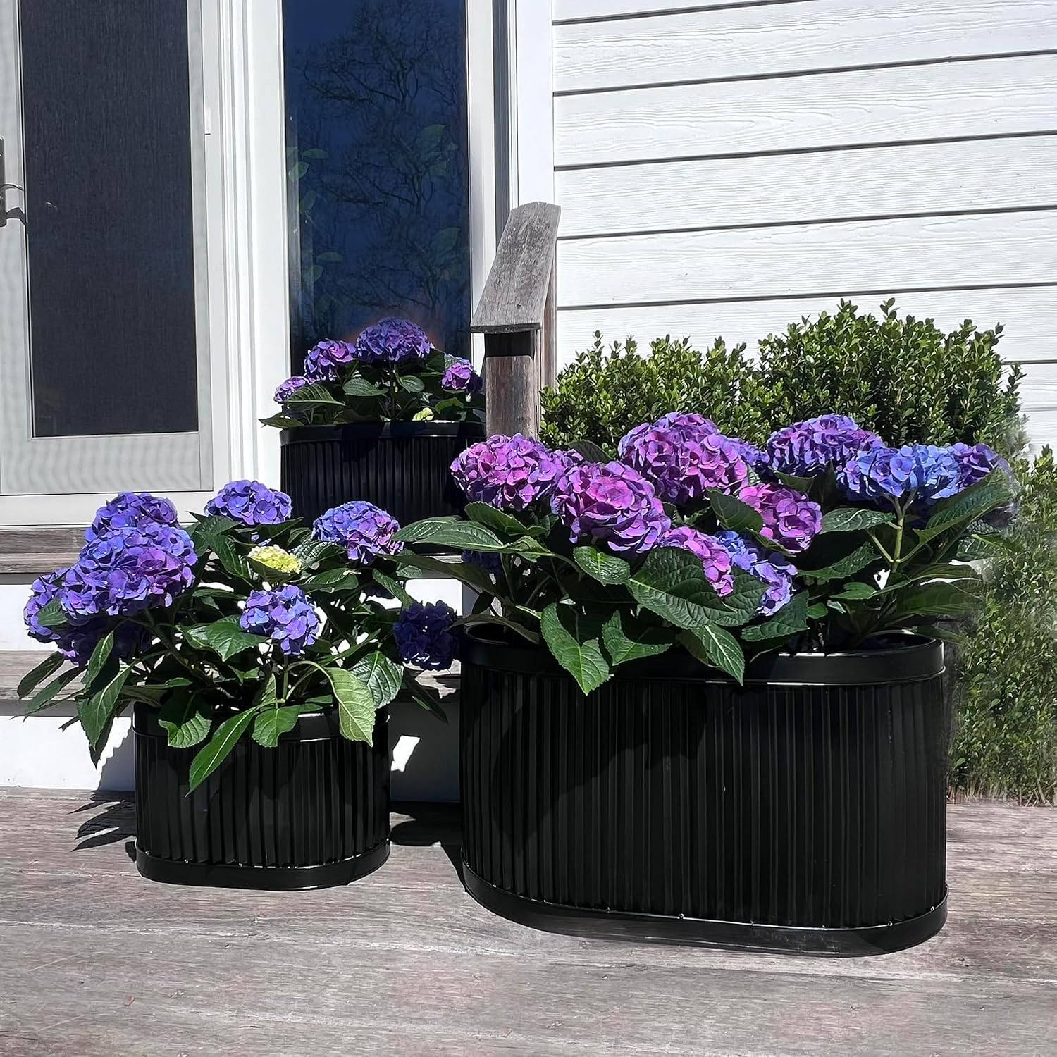 WHW Whole House Worlds French Country Style Oval Planters, Set of 3, Glossy Black, Galvanized Metal, Chubby Belly, Corrugated Cache Pots, Rustic, Over 2 FT, 24.5, 20 and 14.5 Inches