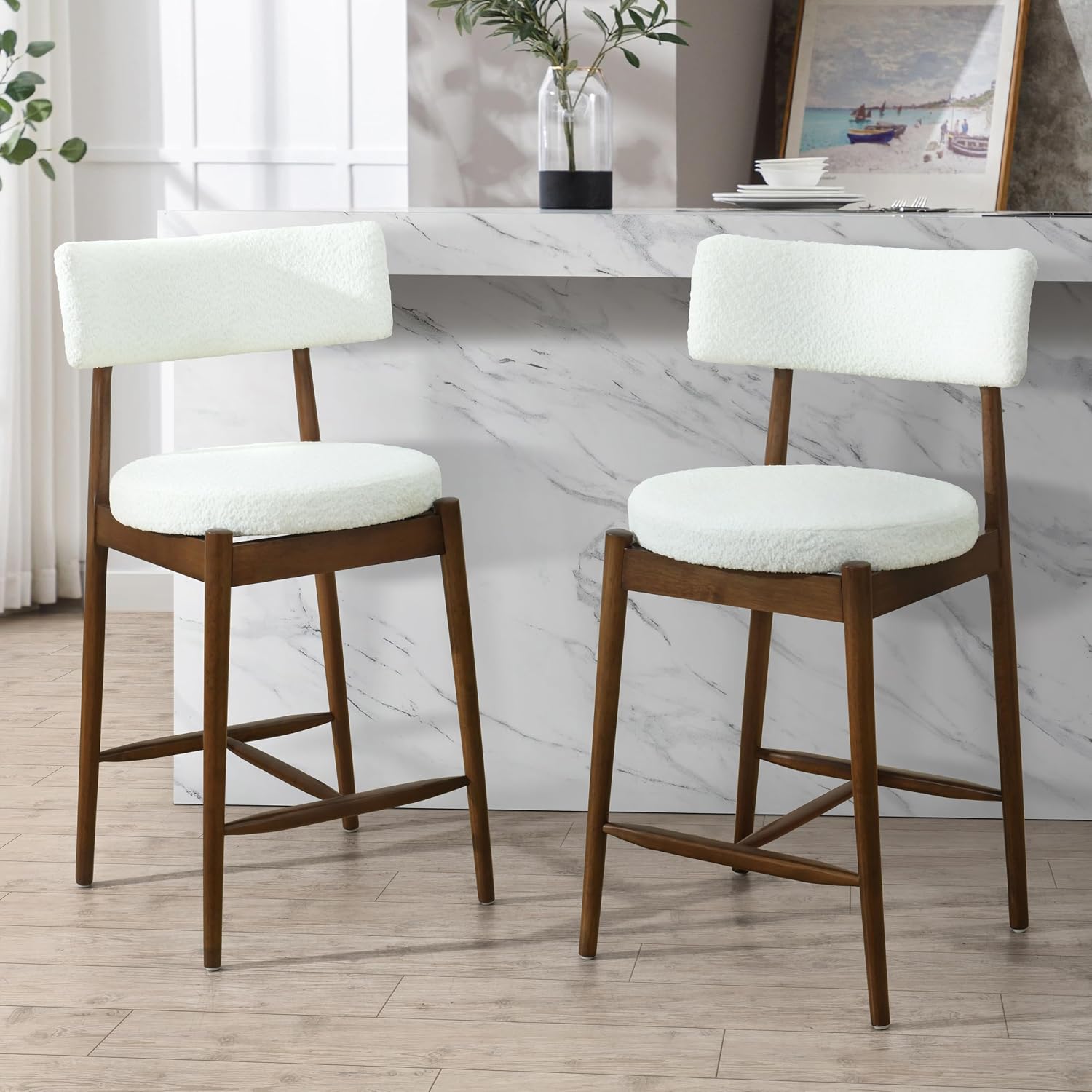 Christopher Knight Home Ebany 25.50' H Barstools Set of 2, Upholstered Counter Stool, Comfy Backrest Kitchen Stool, Rubberwood Frame Stool Chair, Bistro Chair for Kitchen Dining Room, Beige+Brown
