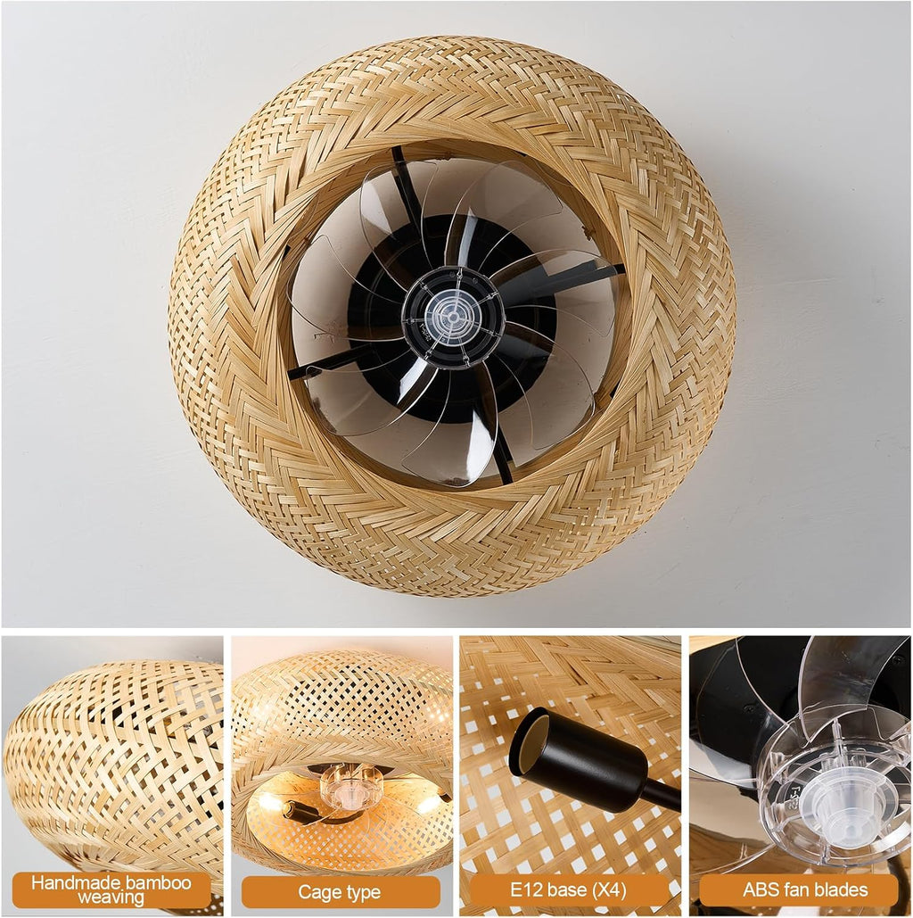 20' Boho Cage Ceiling Fan with Light and Remote Control, Low Profile Bamboo Ceiling Fan, Enclosed Timing 6 Speeds Reversible, for Bedrooms, Living Rooms, Kitchens, Farmhouses